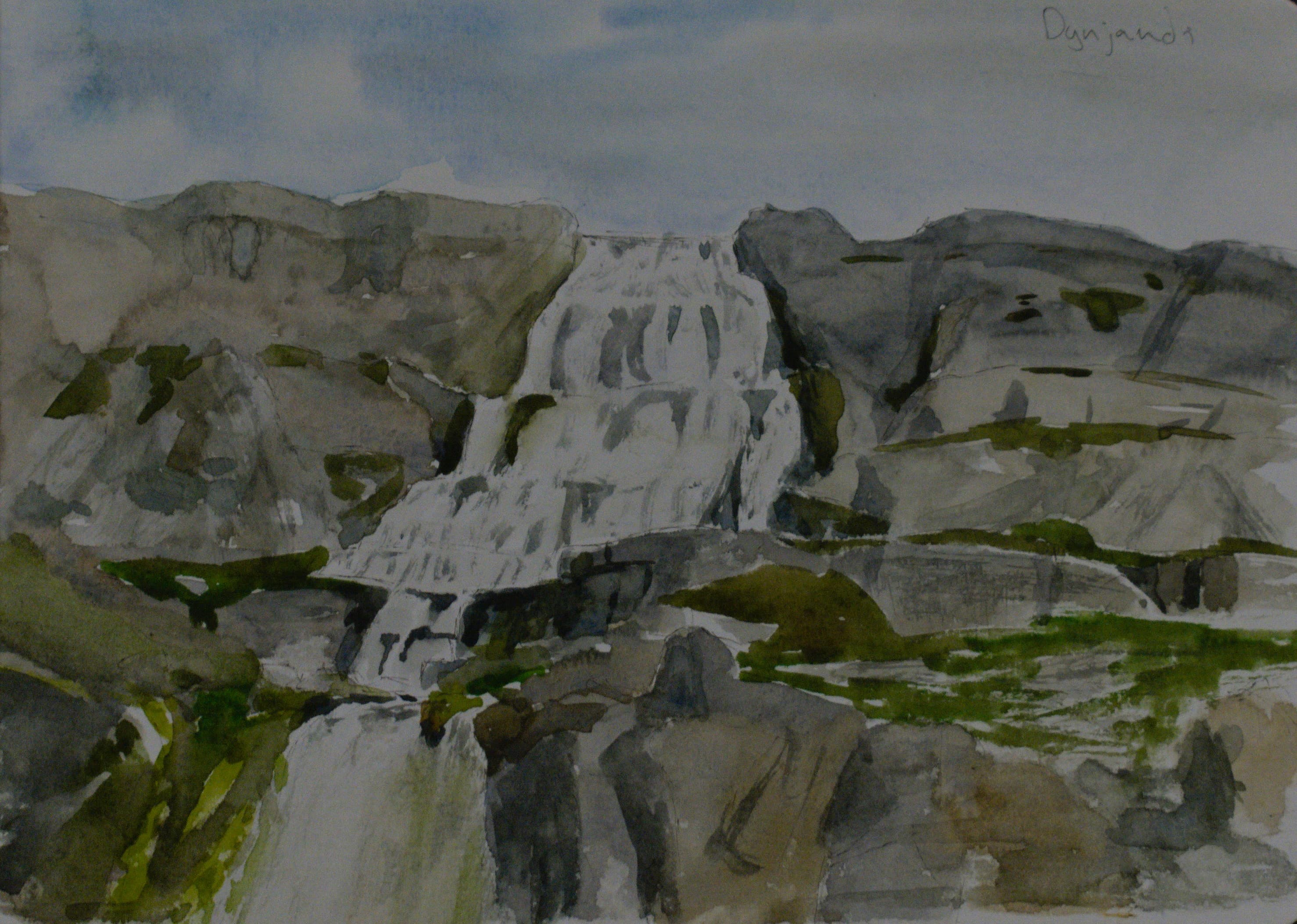 The stunning Dynjandi waterfall in Iceland's west fjords (watercolour on paper, A5)
