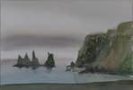 The cliffs off the coast of Vik, Iceland, on a foggy morning (watercolour on cold-pressed 100% cotton, 18cm x 26cm)